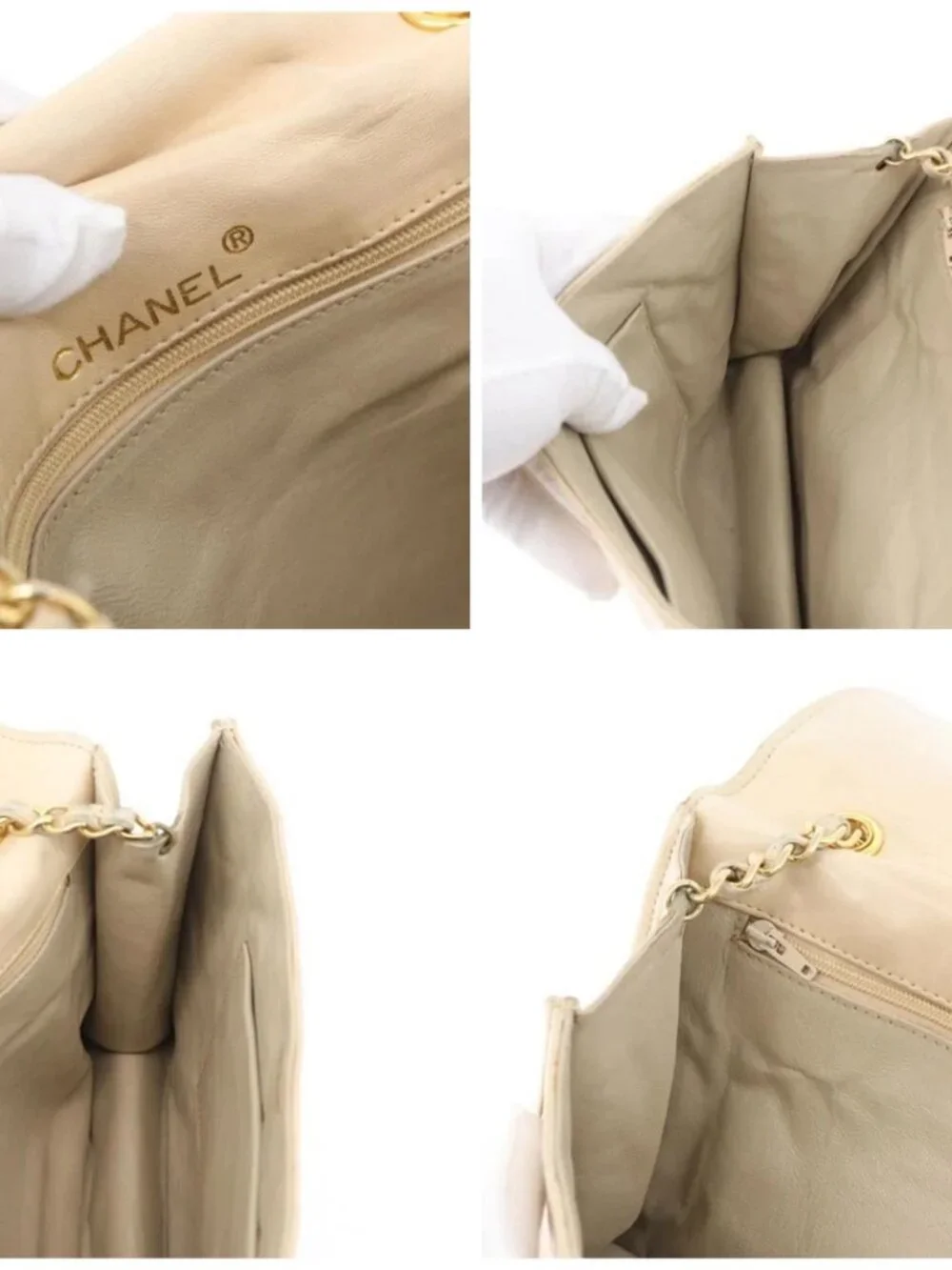 CHANEL Matelasse Chain Shoulder Bag Lamb Skin Beige Gold CC Auth BA10672